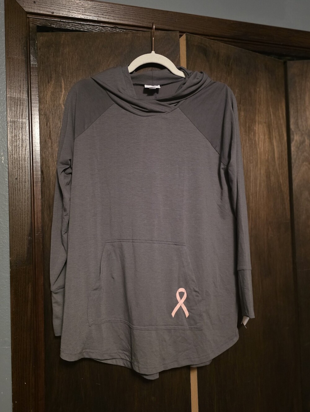 LuLaRoe Gray Hooded Pullover with Pink Ribbon Accent